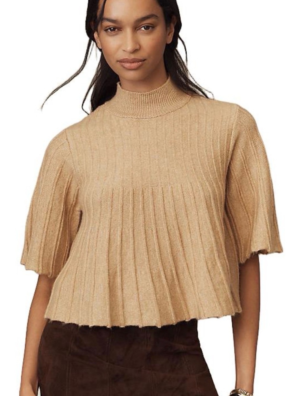 Maeve Anthropologie Ribbed Mock-Neck Short Sleeve Sweater Top in Tan